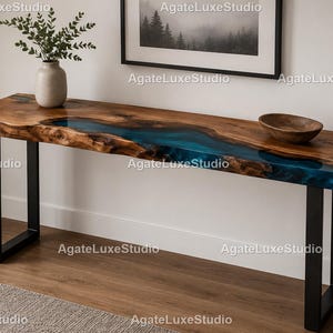 Table console faite main en noyer Live Edge époxy River | Meuble d'entrée côtier bleu océan