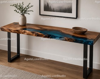 Handgemachte Walnuss Live Edge Epoxy River Konsolentisch | Möbel für die Eingangstür