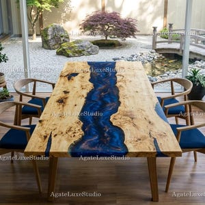 Luxury Blue Epoxy River Dining Tabletop – Handcrafted Live Edge Wood Table Top, Durable Statement Piece for Dining Rooms, Offices Table Top