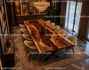 Luxury Walnut Epoxy River Coffee Table | Handmade Live Edge Wood Table | Modern Rustic Luxury Dining Room Dark Resin River Tabletop |