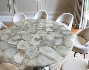 Tavolo rotondo in agata bianca / Tavolino da caffè in agata naturale / Tavolo da pranzo in cristallo di lusso / Arredamento in pietra fatto a mano, tavolo in agata, tavolo da pranzo