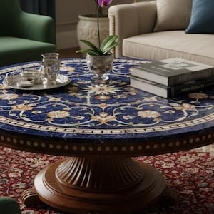 Pu&ograve; includere: Un tavolino rotondo con un piano intarsiato blu scuro e oro. Il tavolo presenta un motivo floreale decorativo e una base in legno marrone scuro. Libri e un vassoio con bicchieri sono sul tavolo.