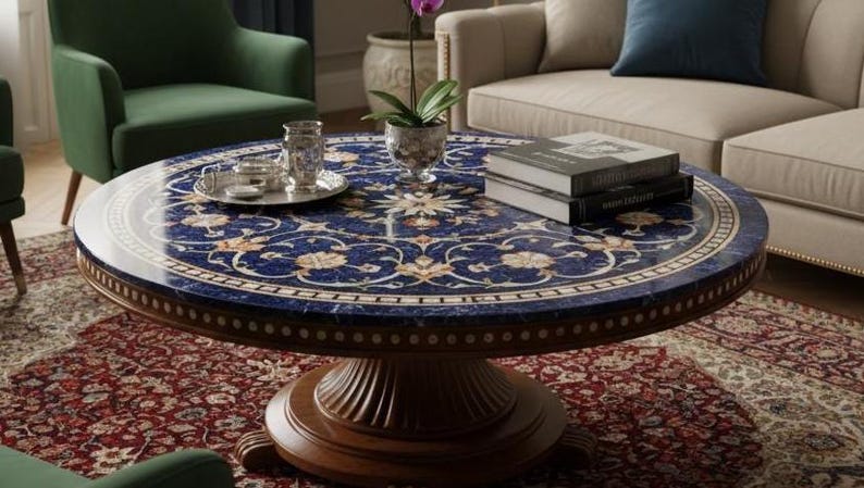 Pu&ograve; includere: Un tavolino rotondo con un piano intarsiato blu scuro e oro. Il tavolo presenta un motivo floreale decorativo e una base in legno marrone scuro. Libri e un vassoio con bicchieri sono sul tavolo.