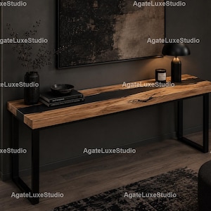 Industrial Console Table | Black Epoxy River Walnut Table | Handmade Entryway Furniture | Modern Rustic Sofa Table Decor Console Table |