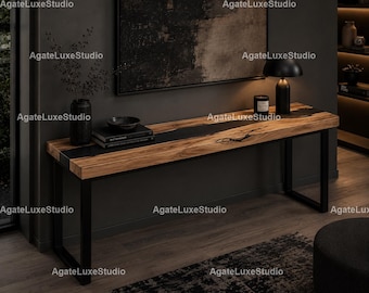 Industrial Console Table | Black Epoxy River Walnut Table | Handmade Entryway Furniture | Modern Rustic Sofa Table Decor Console Table |