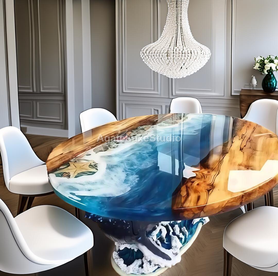 Luxury Ocean Wave Epoxy Resin Dining Table | Live Edge Wood Round Table ...