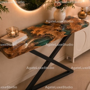 Luxury Epoxy Resin Console Table | Live Edge Wood River Table | Handmade Modern Entryway Table | Green Resin Home Decor Table |