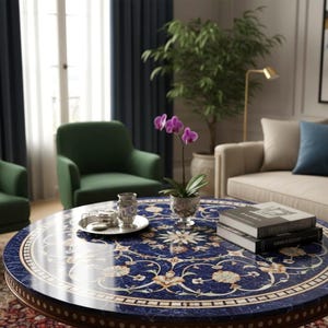 Pu&ograve; includere: Un tavolino rotondo con un piano blu scuro a motivi floreali. Il tavolo ha un bordo in legno ed &egrave; circondato da poltrone verdi, un divano beige e una pianta in vaso. Un piccolo vassoio d'argento e libri sono sul tavolo.