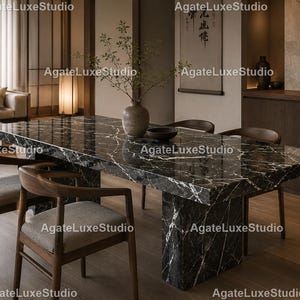 Luxury Black Marble Dining Table | Modern Stone Slab Dining Table | Handmade Designer Furniture | Contemporary Living Room Table |
