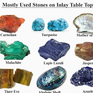 Pu&ograve; includere: Una collezione di pietre preziose, tra cui corniola, turchese, malachite, lapislazzuli, diaspro, occhio di tigre, conchiglia di abalone e azzurrite. L'immagine &egrave; intitolata "Pietre pi&ugrave; utilizzate sui piani dei tavoli intarsiati".