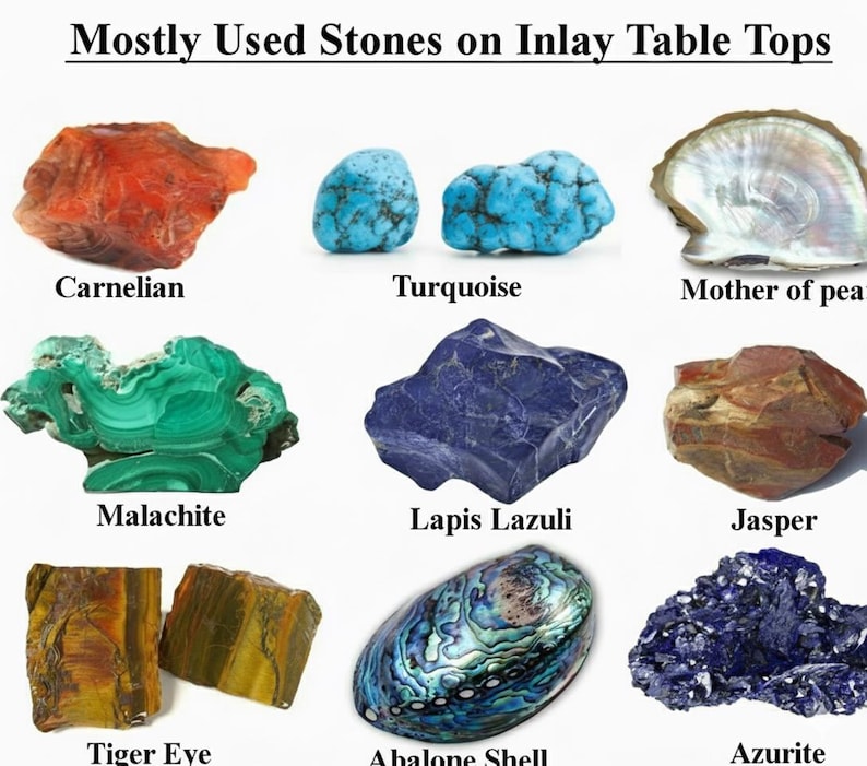 Pu&ograve; includere: Una collezione di pietre preziose, tra cui corniola, turchese, malachite, lapislazzuli, diaspro, occhio di tigre, conchiglia di abalone e azzurrite. L'immagine &egrave; intitolata "Pietre pi&ugrave; utilizzate sui piani dei tavoli intarsiati".