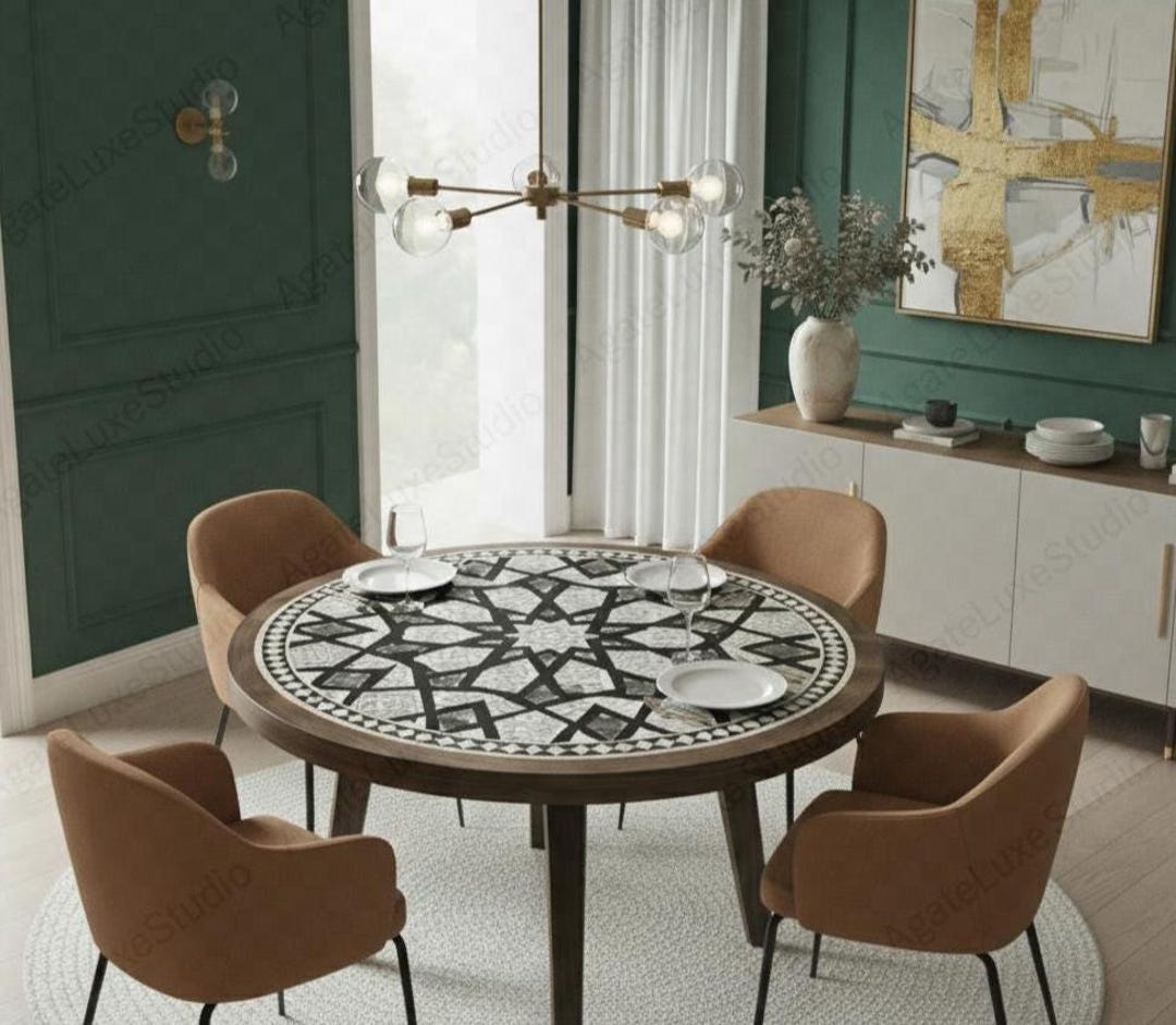 Luxury Black & White Marble Inlay Round Dining Table | Geometric Pietra ...