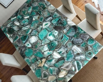 Mesa de comedor de ágata verde hecha a mano – Muebles de lujo con piedras preciosas