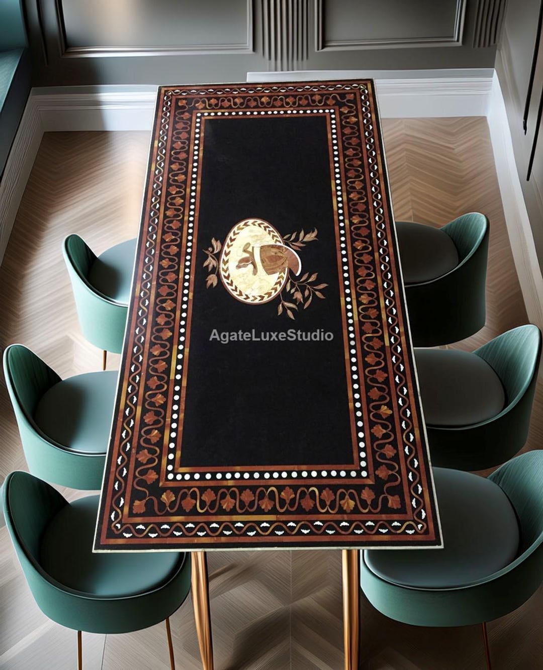 Luxury Black Marble Dining Table Inlaid Design | Handcrafted Stone Art ...