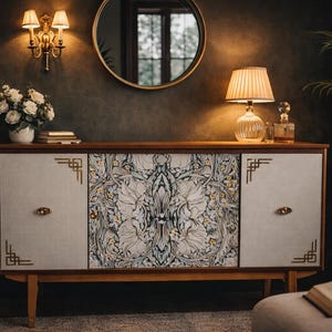 May include: A vintage-style sideboard with a floral design on the central doors and light-colored panels. The wooden cabinet has brass handles and is set against a dark wall. A lamp, flowers, and a mirror are on top.