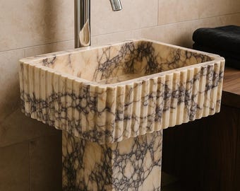 Calacatta Viola Marble Sink Ribbed Finish: On Top Vanities - Vessel Sink - Wall mount Basin