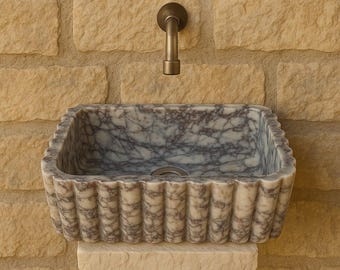 Calacatta Viola Marble Sink Ribbed Finish: On Top Vanities - Vessel Sink - Wall mount Basin