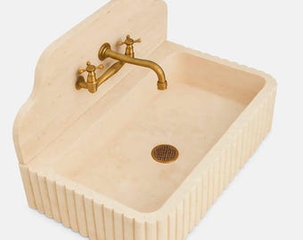 Travertine Marble Fluted Sink with Gold Faucet – Handmade Wall Mounted Bathroom Vanity Basin