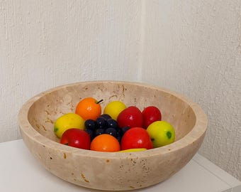 Beige Travertine Stone Bowl – Natural Pedestal Serving Dish / Handmade Marble Home Decor Centerpiece