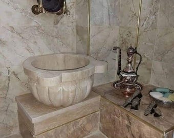 Natuurlijke marmeren wastafel | Handgemaakte stenen wasbak | Luxe wastafelkom | Ronde marmeren Kurna