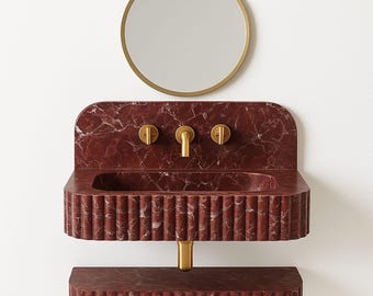 Lavabo de baño de mármol rojo estriado, lavabo de pared de mármol tallado a mano, lavabo de tocador moderno de piedra natural.
