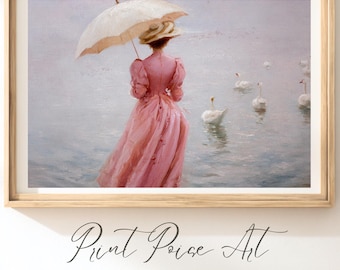 Victorian Women at Swan Lake – Cottagecore Printable Wall Art for Romantic Interiors (Digital Download)