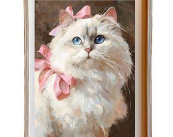 Lámina de gato Ragdoll / Arte Cottagecore vintage con cinta rosa (Descarga digital)