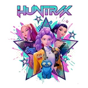 May include: Digital illustration featuring three stylized female figures with vibrant hair colors, set against a star-shaped backdrop. The image includes the text "HUNTRAX" in a gradient font, along with a blue creature.