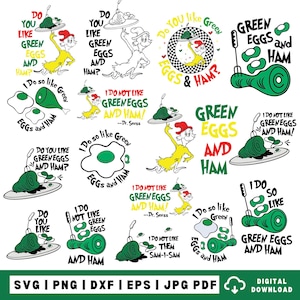 May include: A collection of Dr. Seuss-themed digital designs featuring the phrase "Green Eggs and Ham." The designs include illustrations of the character Sam-I-Am, green eggs, and ham, with various text arrangements. The bottom of the image includes file type options.