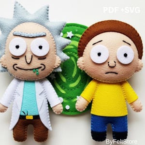 May include: Felt plush figures of Rick and Morty characters. Rick wears a white lab coat, blue shirt, and brown pants. Morty is in a yellow shirt and blue pants. A green portal is behind them. The text "PDF + SVG" is in the top right.