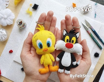 Tweety Bird & Sylvester Felt Keychain Pattern PDF - SVG | Cute Stuffed Felt Plushies | DIY Sewing Tutorial | Looney Tunes Inspired Ornament