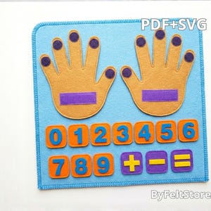 Puede incluir: Un juguete educativo de fieltro azul con dos manos de fieltro color canela con puntas de los dedos moradas. El juguete incluye números naranjas del 0 al 9 y símbolos matemáticos. El texto "PDF+SVG" está en la esquina superior derecha y "ByFeltStore" abajo.