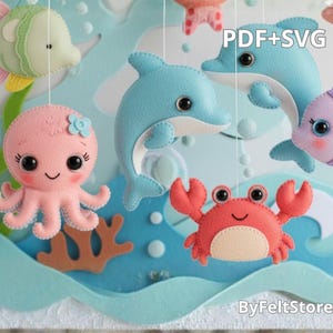 Kawaii Ocean Felt Pattern, Sea Animals Plush PDF, Dolphin Octopus Crab Fish Sewing Tutorial, DIY Baby Mobile Toys