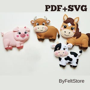 May include: Felt farm animal set including a pink pig, brown bull, brown horse, and black and white cow. The text "PDF+SVG" is at the top, and "ByFeltStore" is at the bottom.