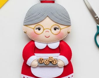 Mrs. Claus Felt Sewing Pattern – Cute Christmas Plush Ornament – DIY Holiday Felt Decoration PDF & SVG