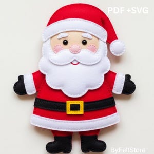 Puede incluir: Una figura de fieltro de Papá Noel con traje y gorro rojos, botas y guantes negros. La figura tiene barba y bigote blancos, mejillas rosadas y un cinturón negro con hebilla dorada. El texto "PDF + SVG" está en la esquina superior derecha.