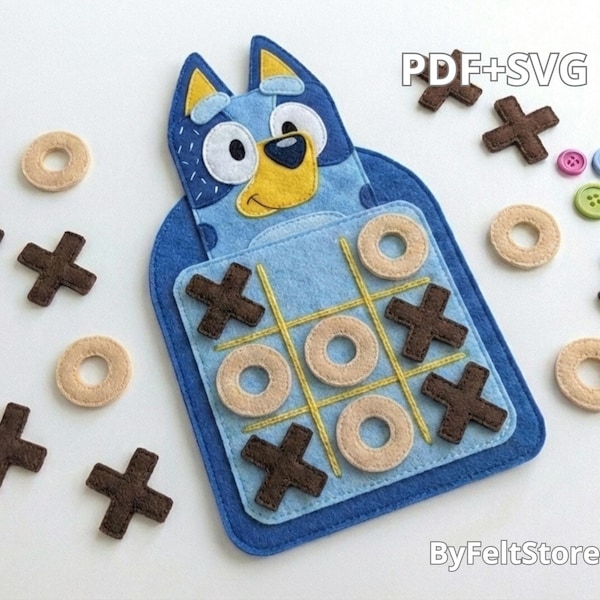 Blue Dog Felt Tic Tac Toe Game Pattern PDF & Svg, Cute Puppy Quiet Book Activity, Montessori Toy, Busy Board PDF, DIY Felt Game