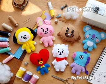 BT21 Felt Plush Pattern Bundle, Chimmy Cooky Shooky RJ Mang Tata Koala, DIY Felt Toy Pattern, Kawaii Plush Sewing PDF