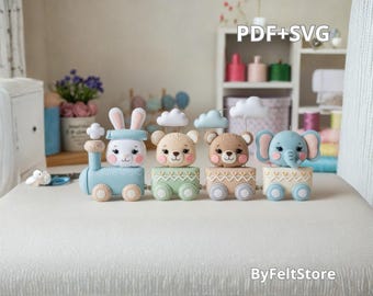 Safari Train Felt Sewing Pattern PDF and SVG. Cute Baby Animal Plush Pattern. DIY Soft Felt Bunny Bear Elephant for Nursery Decor.