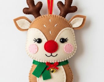 Rudolph the Reindeer Felt Sewing Pattern PDF and SVG. Cute Christmas Plush Toy Pattern. DIY Soft Felt Holiday Decoration for Kids.