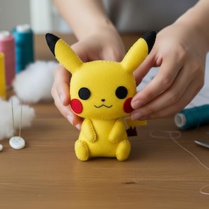 Pode incluir: Um brinquedo de pelúcia Pikachu amarelo feito à mão com olhos pretos, bochechas vermelhas e orelhas com pontas pretas. A pelúcia é segurada por mãos, cercada por materiais de costura como carretéis de linha, agulhas e tesouras.