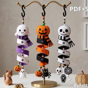 Halloween Felt Hanging Ornaments, Handmade Ghost Pumpkin Skull Decorations, Spooky Fall Garland, DIY Felt Craft