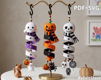 Halloween Felt Hanging Ornaments, Handmade Ghost Pumpkin Skull Decorations, Spooky Fall Garland, DIY Felt Craft