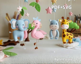 Safari Animals Felt Mobile Sewing Pattern PDF and SVG. Baby Nursery Crib Decor. Elephant Giraffe Flamingo Hippo Plush Template