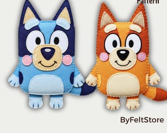 Bluey och Bingo filt sömnadsmönster PDF och SVG. Mönster för söt tecknad plyschleksak. Gör-det-själv mjuka filtdjur för barn.