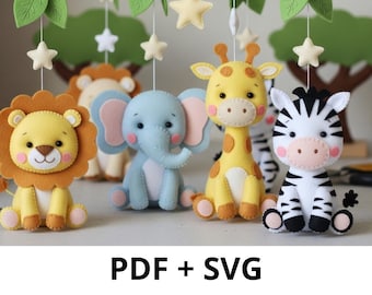 Safari Animals Felt Pattern – DIY Plush Set PDF – Jungle Animal Sewing Templates for Nursery Decor