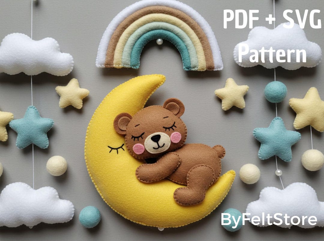 Bear on the Moon Sewing Pattern PDF and SVG. Sleepy Teddy Felt Mobile ...