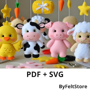 May include: A selection of felt animal decorations, featuring a yellow chick, a black and white cow, a pink pig, and a white sheep. Other felt shapes include stars, carrots, and a yellow bundle. The text "PDF + SVG" and "ByFeltStore" are visible.