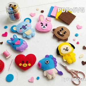 BT21-inspirerat filtplysch-sömnadsmönsterpaket PDF SVG, kawaii-karaktärsnyckelringsmall, handgjort BT21-stil filtprydnadsset