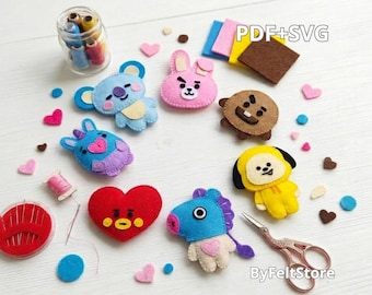 BT21 Inspired Felt Plush Sewing Pattern Bundle PDF SVG, Kawaii Character Keychain Template, Handmade BT21 Style Felt Ornament Set